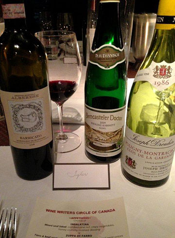 Three of 20-odd wines at the WWC dinner (photo by Tyler Philip)