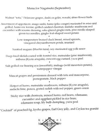 Kikunoi menu